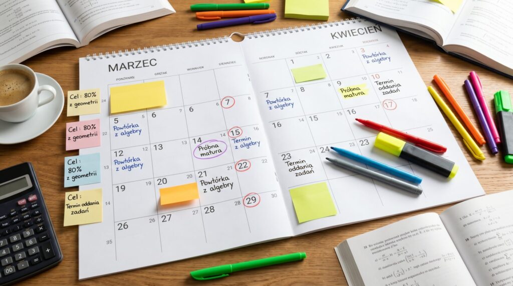 Plan nauki rozłożony na kalendarzu z zaznaczonymi terminami i celami