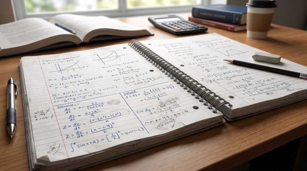 Zeszyt z notatkami matematycznymi, wzorami i rozwiązanymi zadaniami